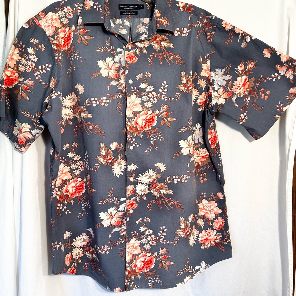 MENS XL HAWAIIAN TROPICAL FLORAL DANIEL CREMIEUX SHORT SLEEVE BUTTON FRONT SHIRT